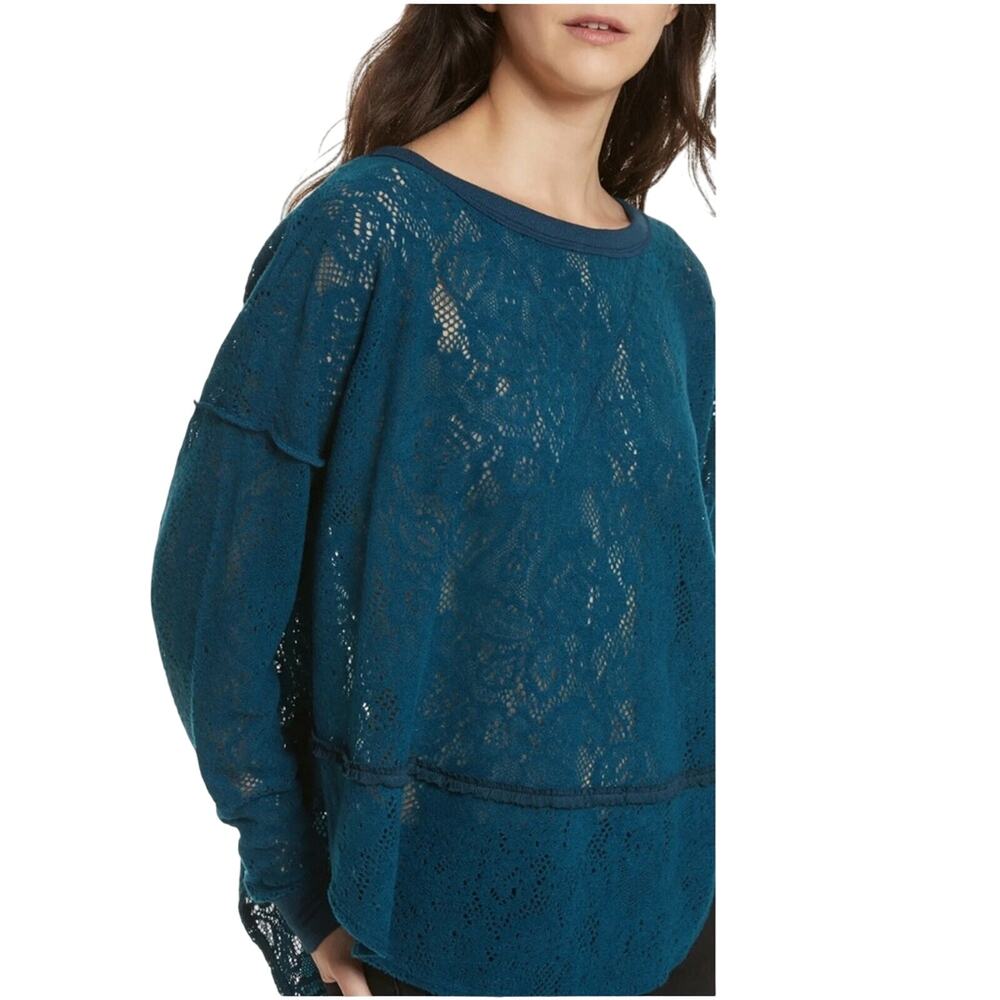 Free People Not Cold In This Floral Brushed Lace Knit High Low Deep Teal Top M - Picture 3 of 11